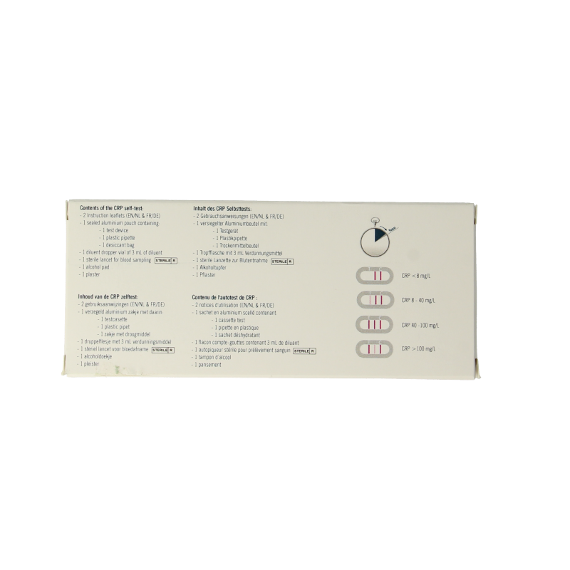 The Tester CRP test kit for self-testing, showing a compact box with testing strip and instructions for health monitoring.