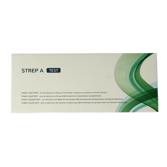 The Tester Strep A self-testing kit with one test strip, includes instructions for at-home strep throat testing.