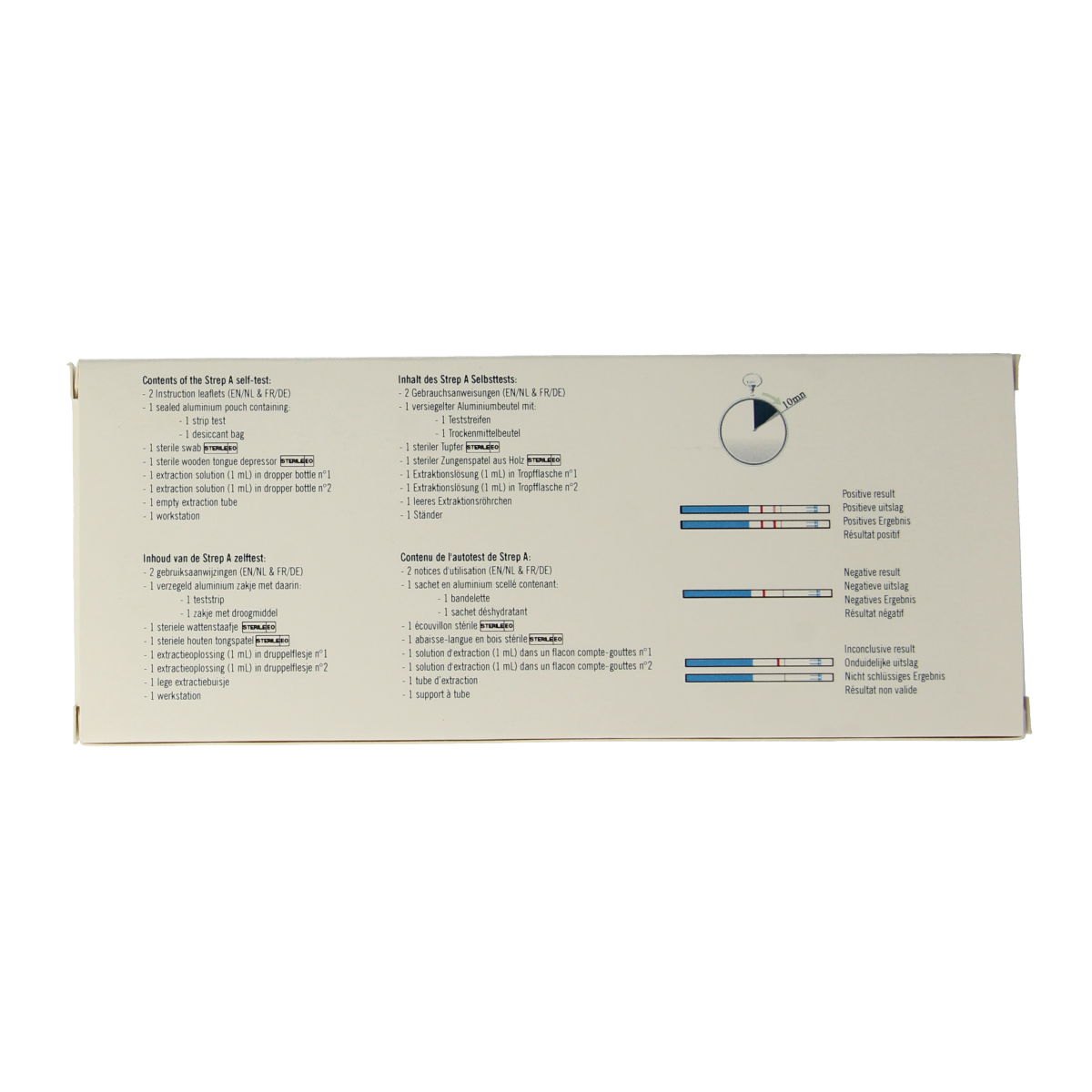 The Tester Strep A self-test kit with one testing set, featuring a sterile swab and test strip for quick strep throat detection.