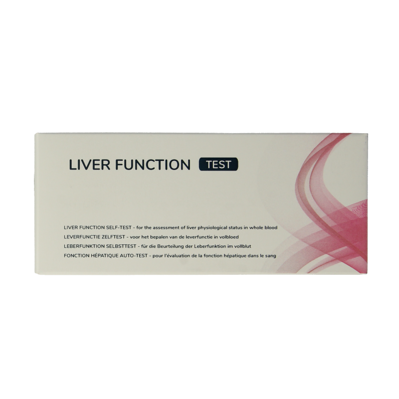 The Tester Leverfunctie test kit for ALT and AST liver enzyme testing, showing the compact self-test set with instructions.