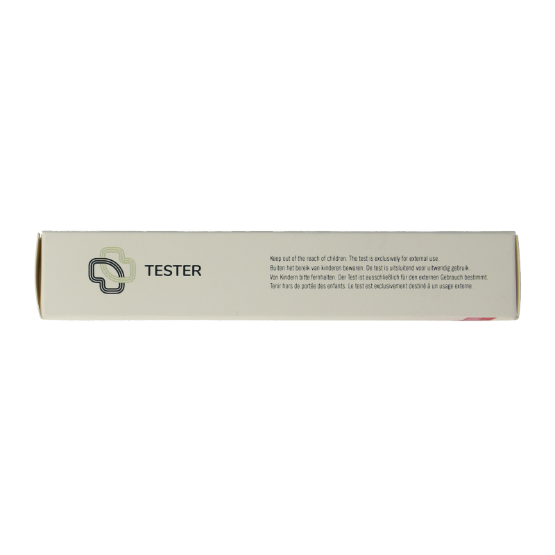 The Tester Leverfunctie test kit for ALT and AST liver enzymes, showing the self-testing device and components.