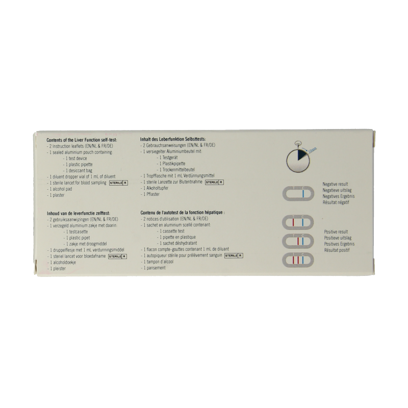 The Tester Leverfunctie test kit for ALT and AST tests, showing a compact self-testing device and testing components.