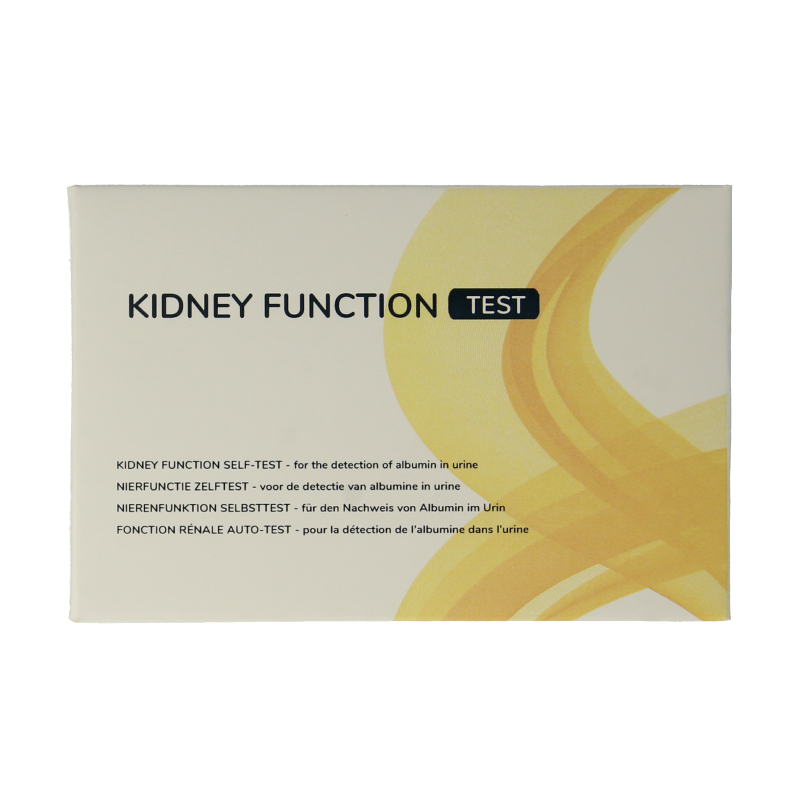 The Tester Nierfunctie test kit, a self-test set for kidney function, shown in packaging with test strips and instructions.