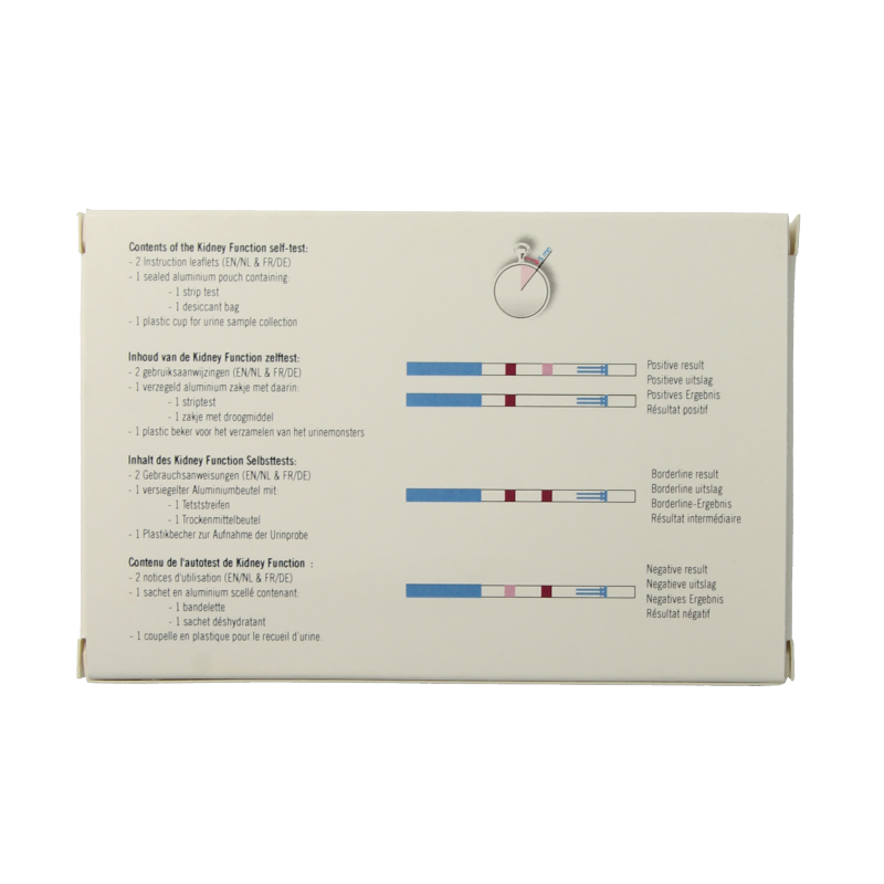 The Tester Nierfunctie test kit showing the box and testing materials for kidney function self-test.