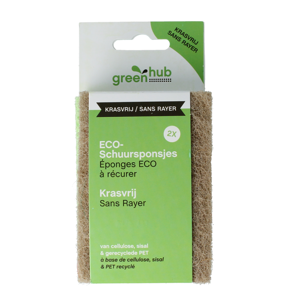 Greenhub eco-friendly scrubbing pads for cleaning, shown in a pack of 2.00, durable and krasvrij cleaning scrubbers.