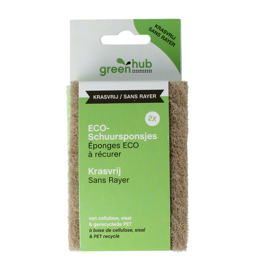 Greenhub eco-friendly scrubbing pads for cleaning, shown in a pack of 2.00, durable and krasvrij cleaning scrubbers.