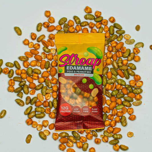 Stroap Edamame Mix Mexican snack in 40g packet, featuring roasted edamame beans with Mexican seasoning, ideal for snacks or on-the-go.