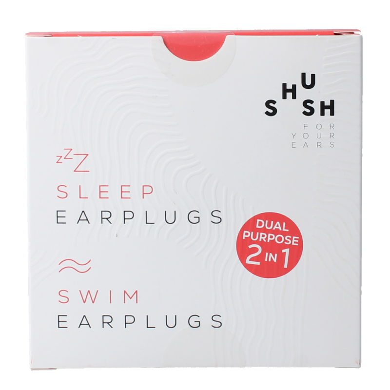 Shush sleep and swimming earplugs in pair, soft hearing protection for sleep and swimming, shown in the image.