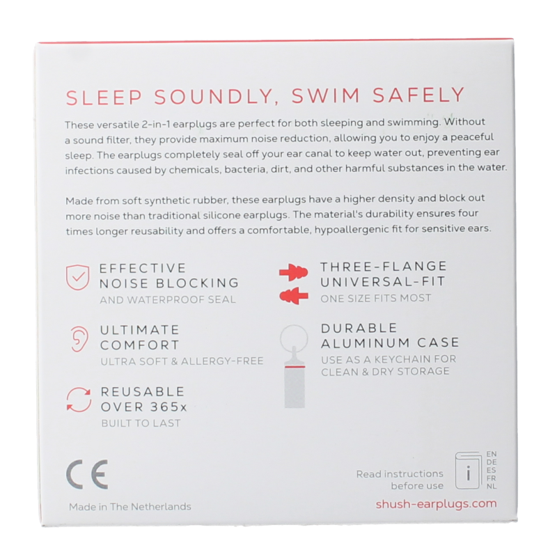 Shush slaap en zwem oordopjes, gehoorbescherming, paar, soft silicone earplugs for sleep and swimming.