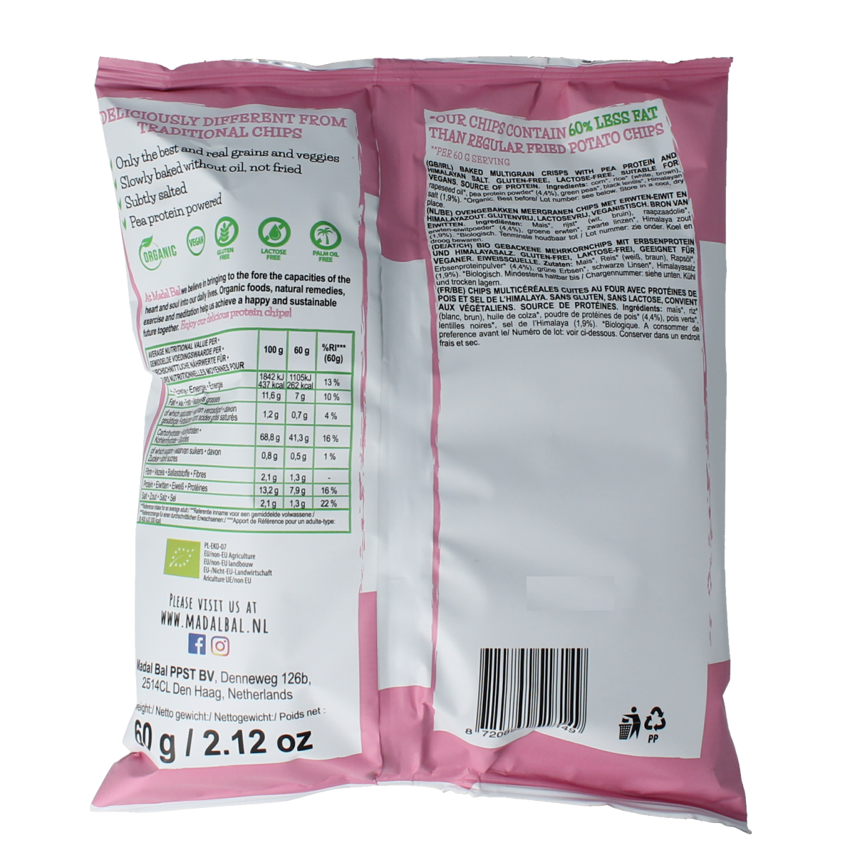 Madal Bal Himalayan salt protein chips in a 60g package, featuring crispy chips with natural Himalayan salt flavor.