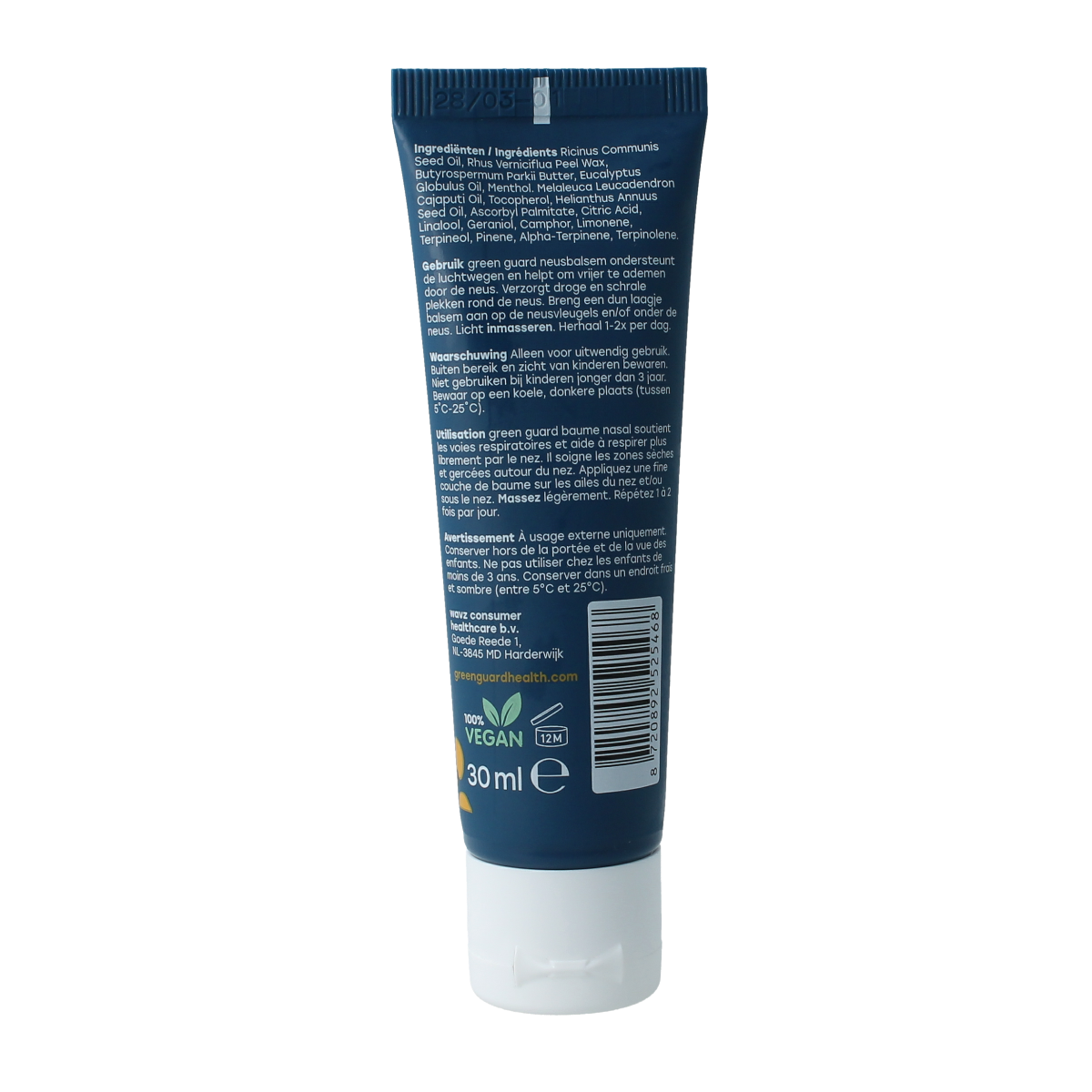 Green Guard inhalatiebalsem neus in 30ml container, nasal care and inhalation product for breathing relief.