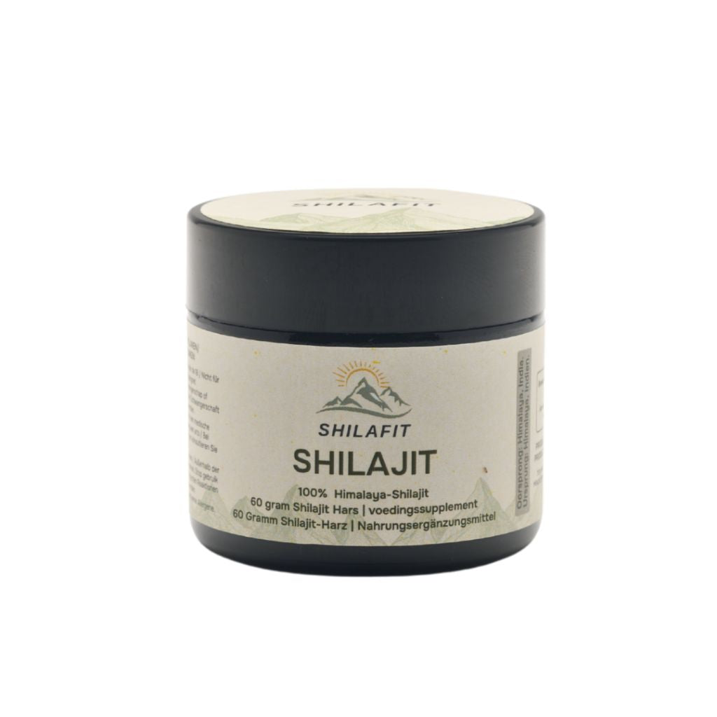 Shilafit Shilajit resin, 60 grams, mineral supplement with dark, sticky resin in a clear container, natural health product.