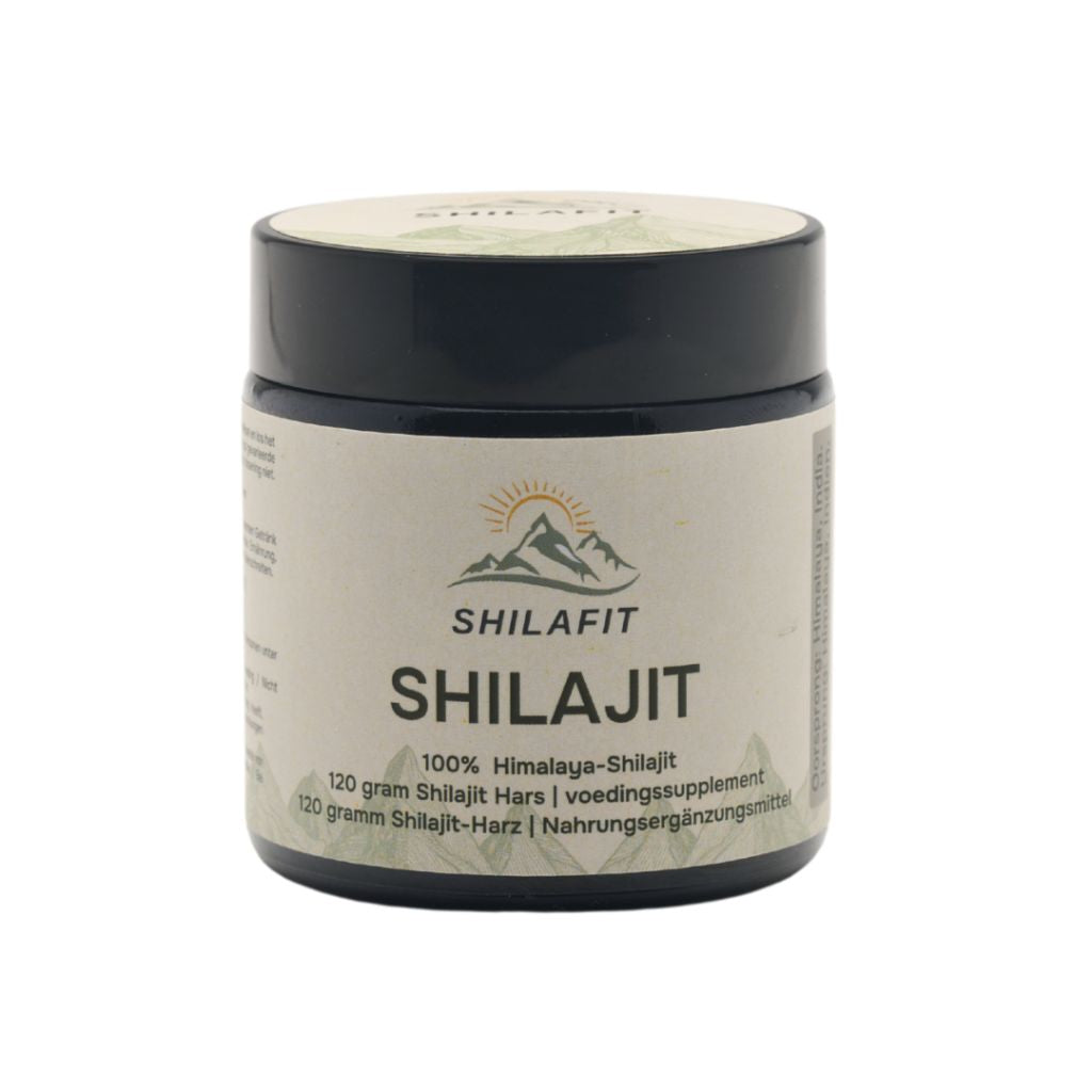 Shilafit Shilajit resin in 120g jar, showing dark mineral-enriched resin for natural health supplement use.