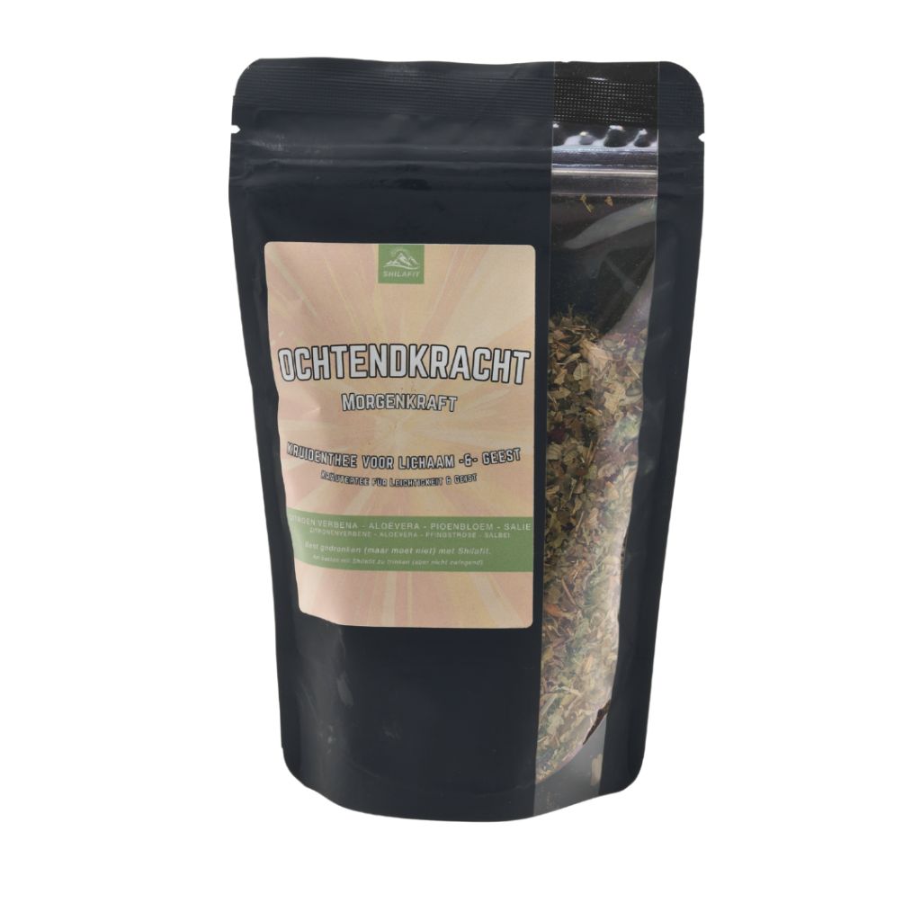 Shilafit Thee ochtendkracht 65g package with tea leaves and branding, designed for morning energy and wellness.