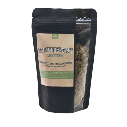 Shilafit Thee ochtendkracht 65g package with tea leaves and branding, designed for morning energy and wellness.