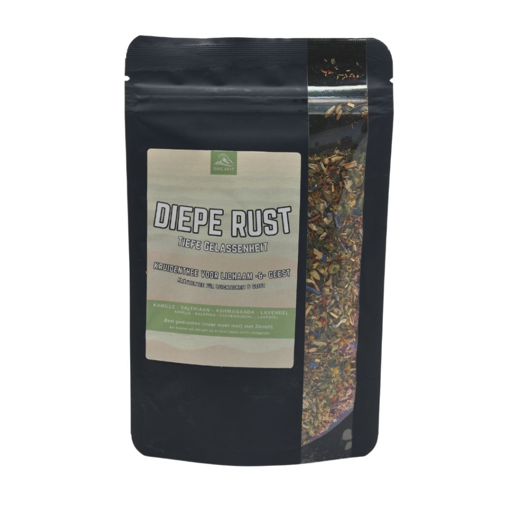 Shilafit Thee diepe rust 75g package featuring traditional tea leaves in a clear jar, with a focus on the product label.