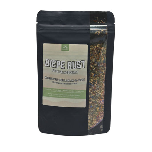 Shilafit Thee diepe rust 75g package featuring traditional tea leaves in a clear jar, with a focus on the product label.