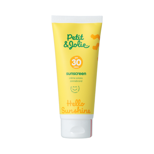 Petit et Jolie Minerale SPF30 sunscreen lotion in a 100ml bottle, fragrance-free, ideal for sensitive skin, smooth texture.