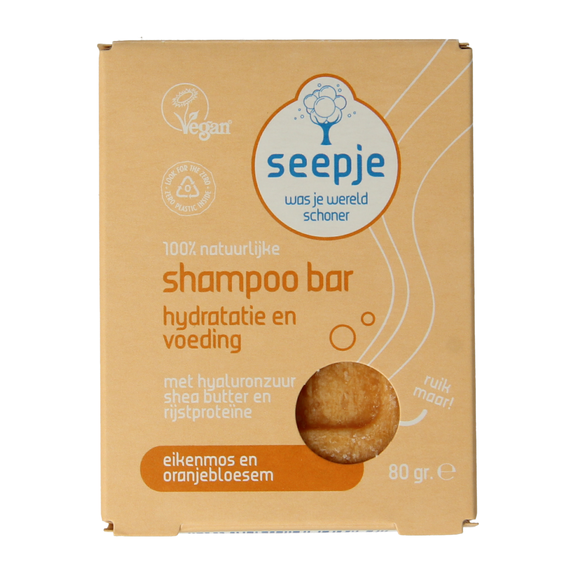 Seepje shampoo bar with oak moss and orange blossom, 80g, natural hair care product, wrapped in eco-friendly packaging.