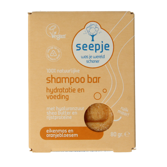Seepje shampoo bar with oak moss and orange blossom, 80g, natural hair care product, wrapped in eco-friendly packaging.
