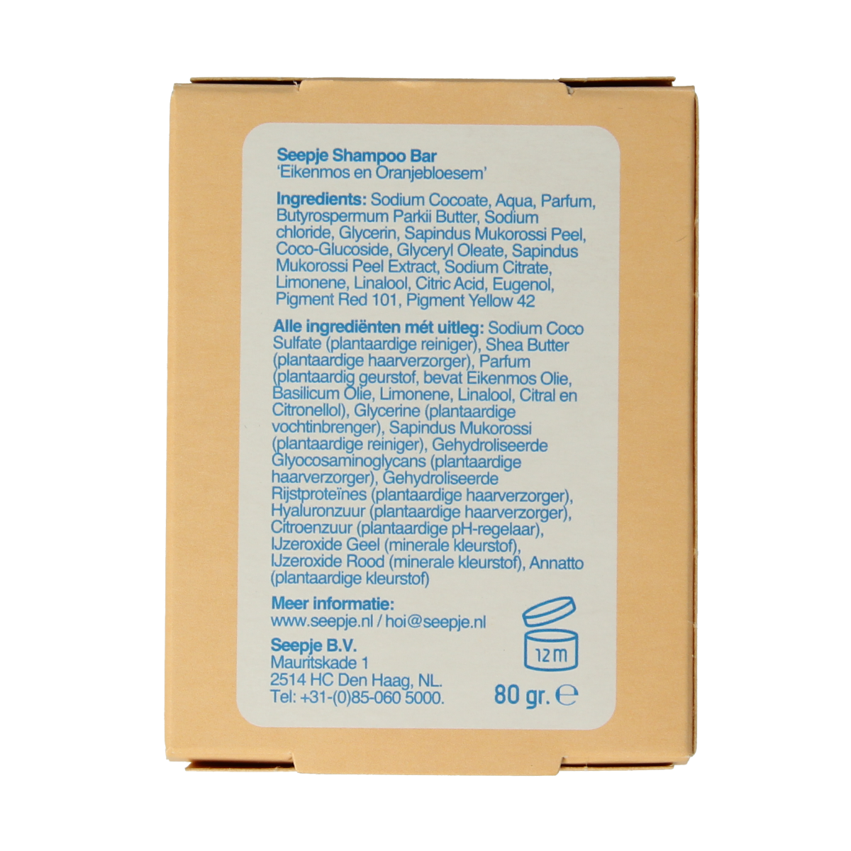 Seepje shampoo bar with oak moss and orange blossom, 80g, natural hair care product, bar form with floral and earthy ingredients.