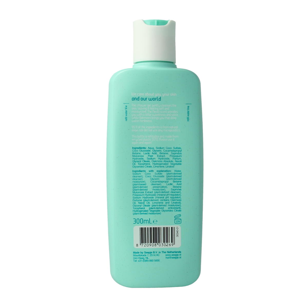 Seepje oakmoss and neroli shower gel in 300ml bottle, featuring a clear container with a light-colored liquid and Seepje branding.