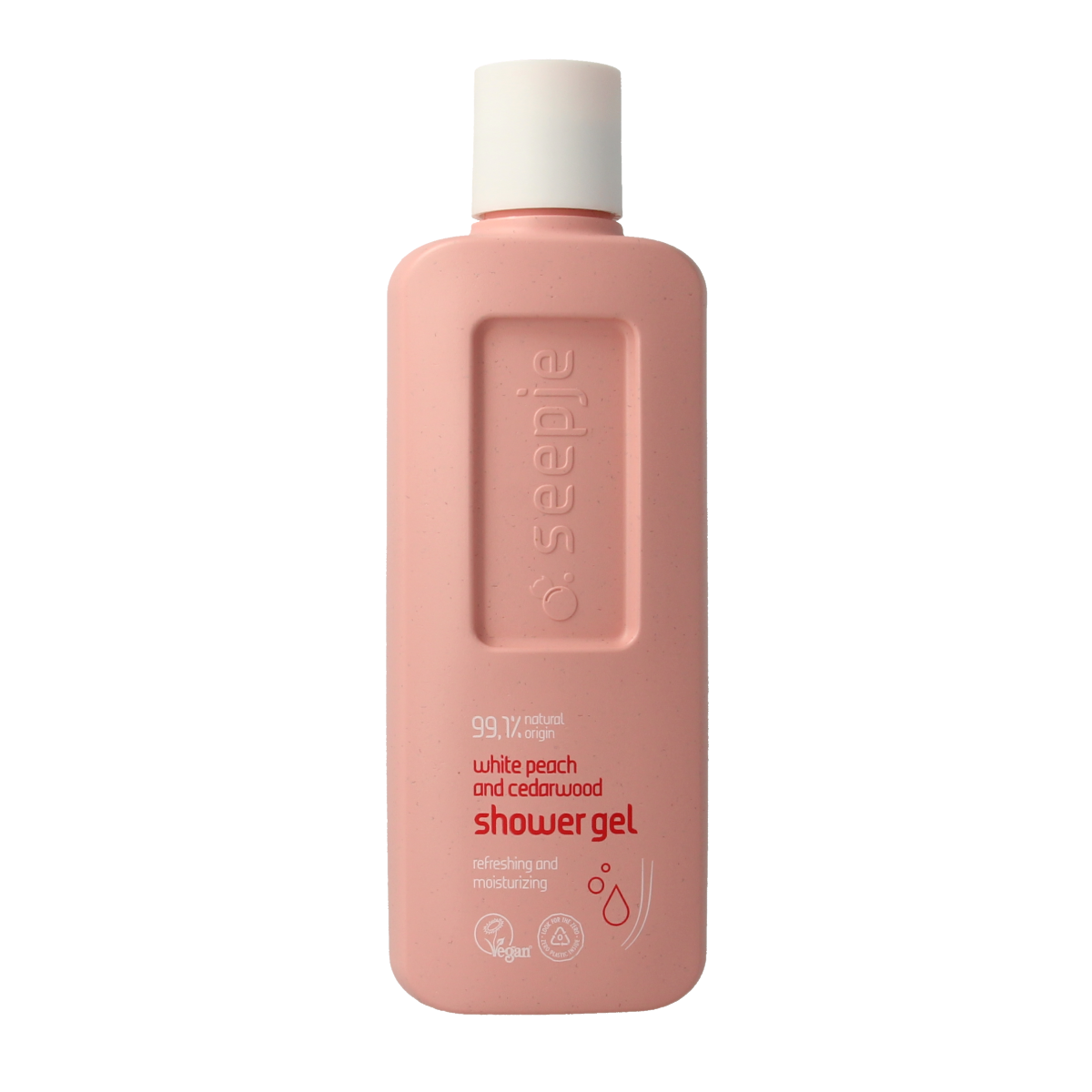 Seepje white peach and cedarwood shower gel in 300ml bottle, featuring a white peach and cedarwood scent for bath and shower use.