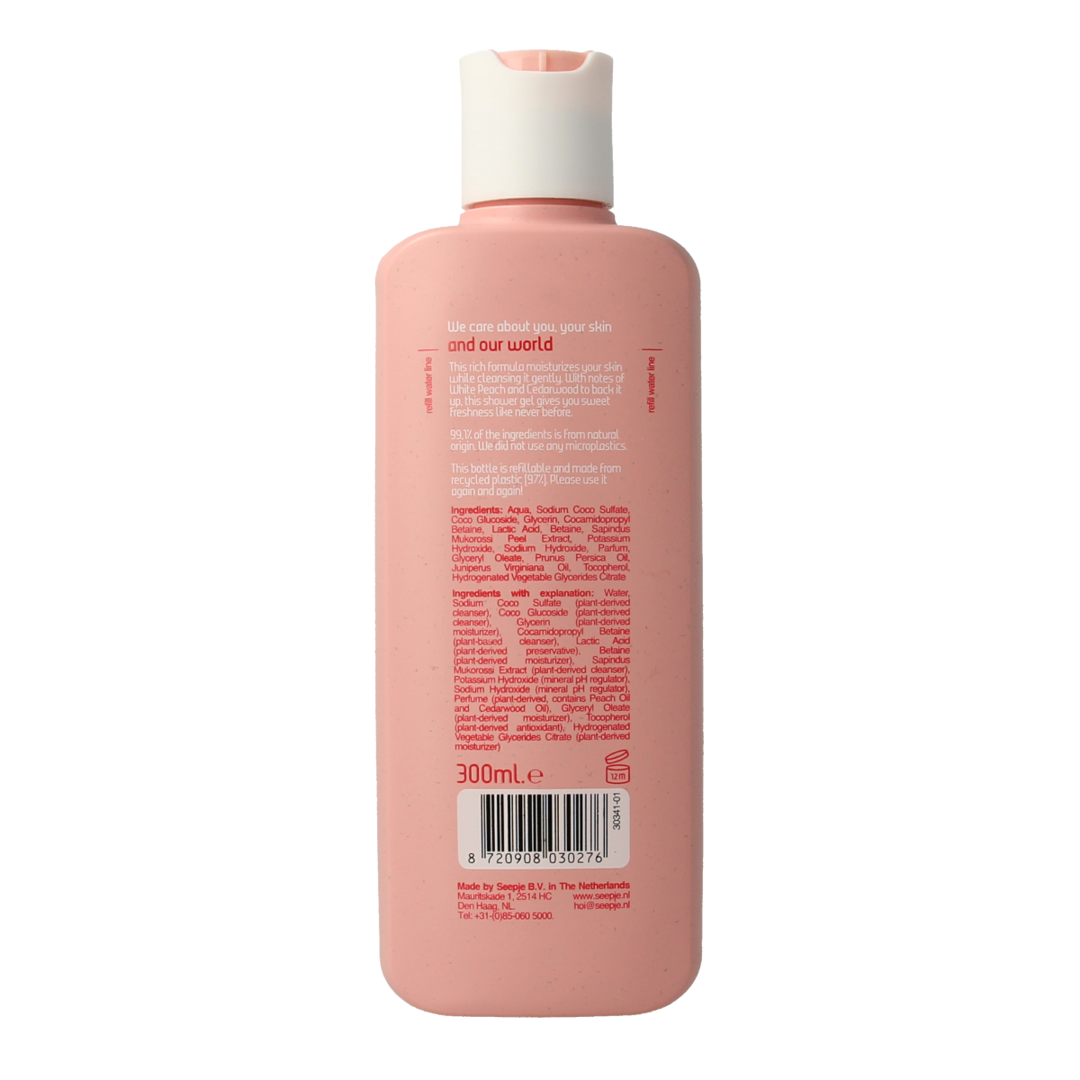 Seepje white peach and cedarwood shower gel bottle, 300ml, with a clean design and natural ingredients in a bathroom setting.