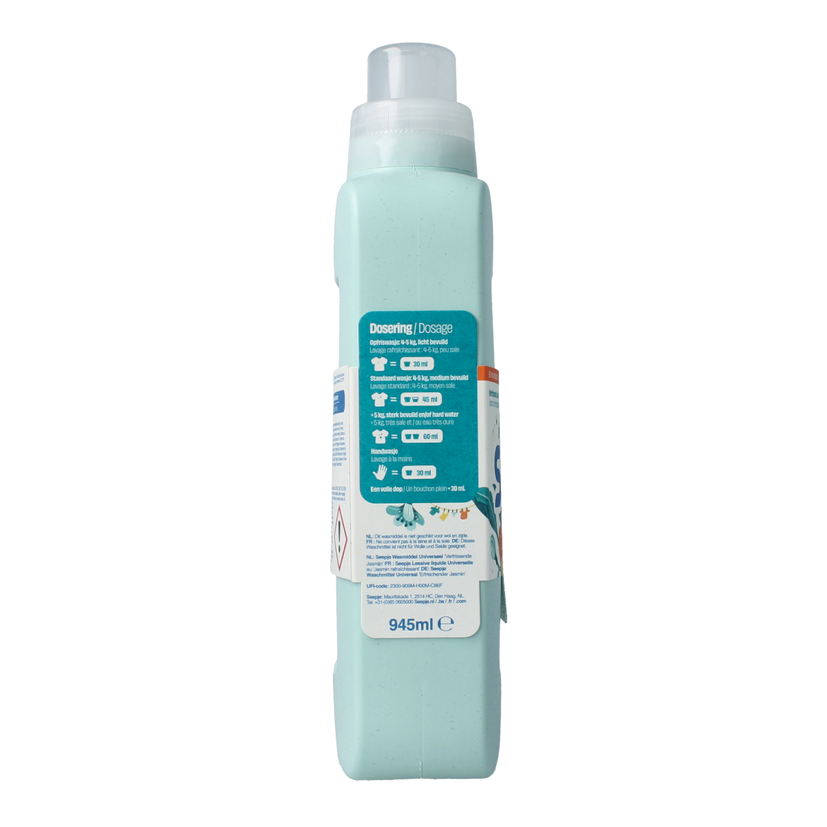 Seepje universeel wasmiddel in 945ml bottle, natural laundry detergent with plant-based ingredients and fresh scent.