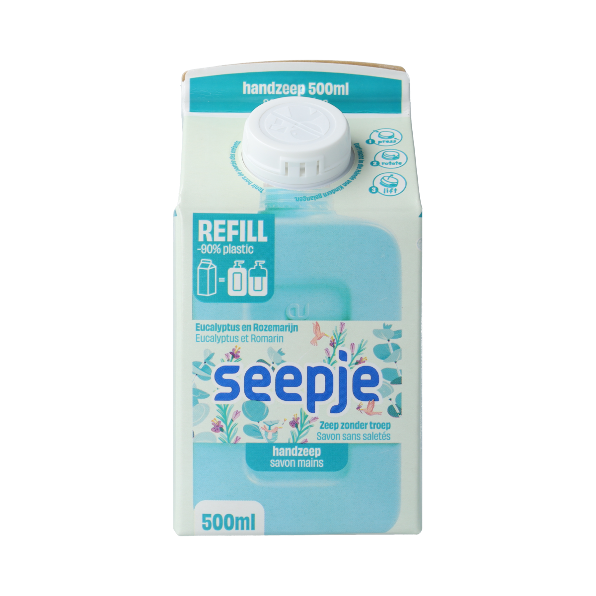 Seepje eucalyptus and rosemary hand soap refill bottle, 500ml, for hand care and moisturizing.