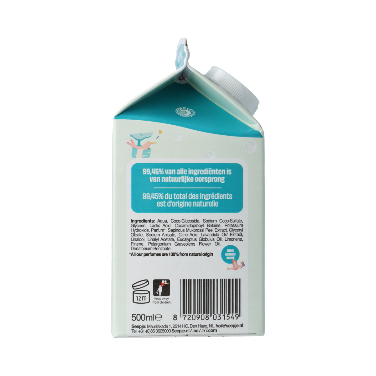 Seepje eucalyptus rosemary hand soap refill bottle, 500ml, for hand care, with label showing botanical ingredients and product details.