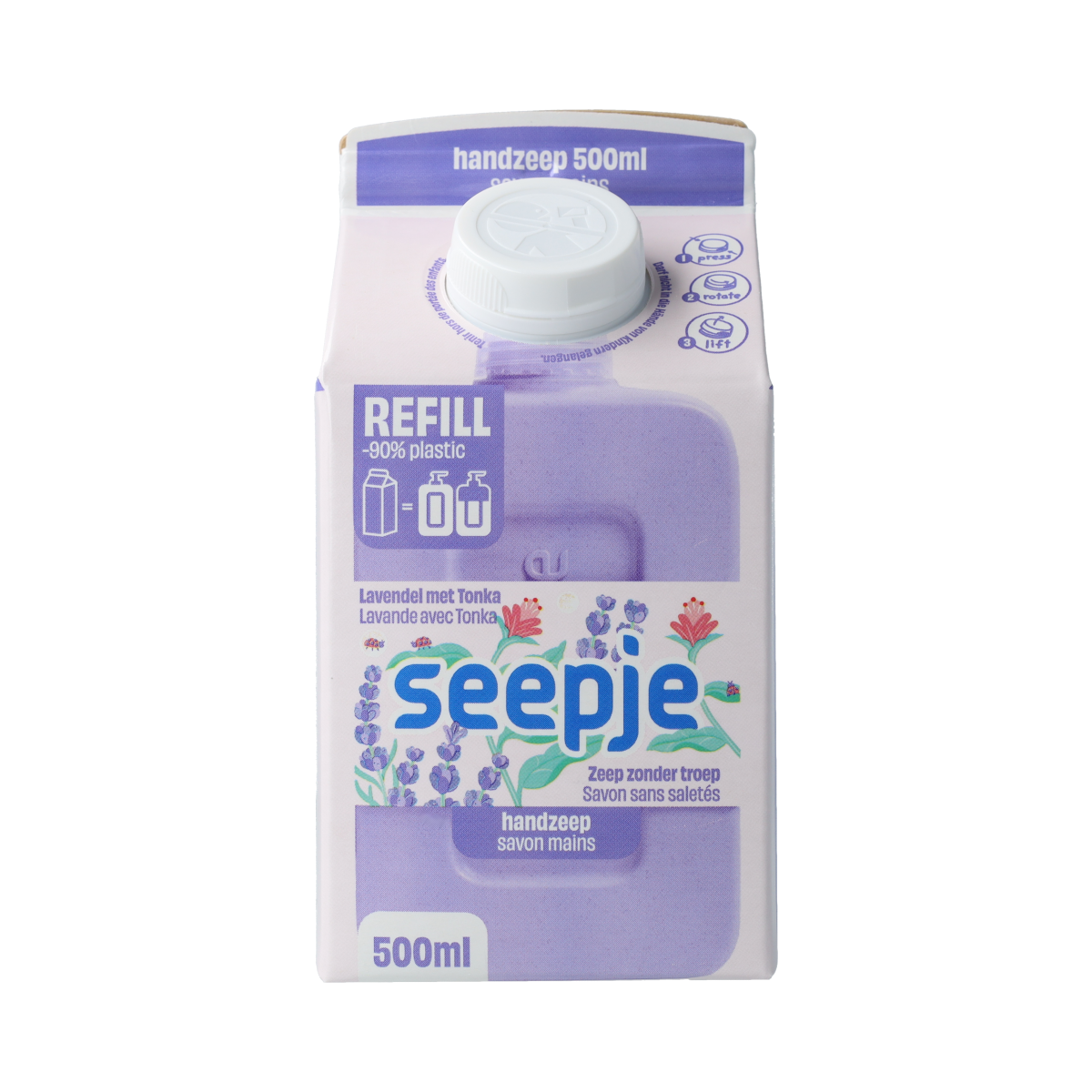 Seepje Lavendel Tonka Handzeep refill bottle, 500ml, for hand care, featuring lavender and tonka bean scent in a plastic bottle