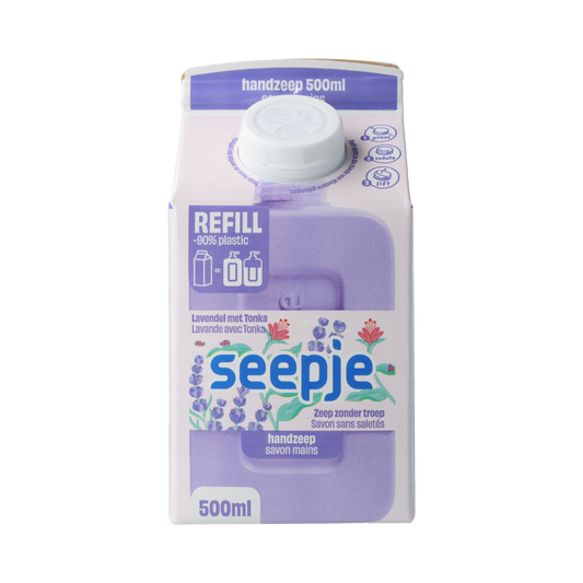 Seepje Lavendel Tonka Handzeep refill bottle, 500ml, for hand care, featuring lavender and tonka bean scent in a plastic bottle