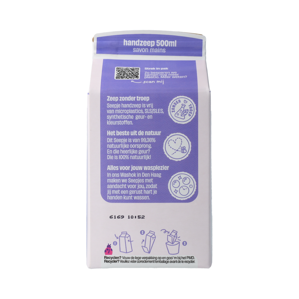Seepje lavender and tonka hand soap refill bottle, 500ml, for hand care, with a label showing lavender flowers and natural ingredients.
