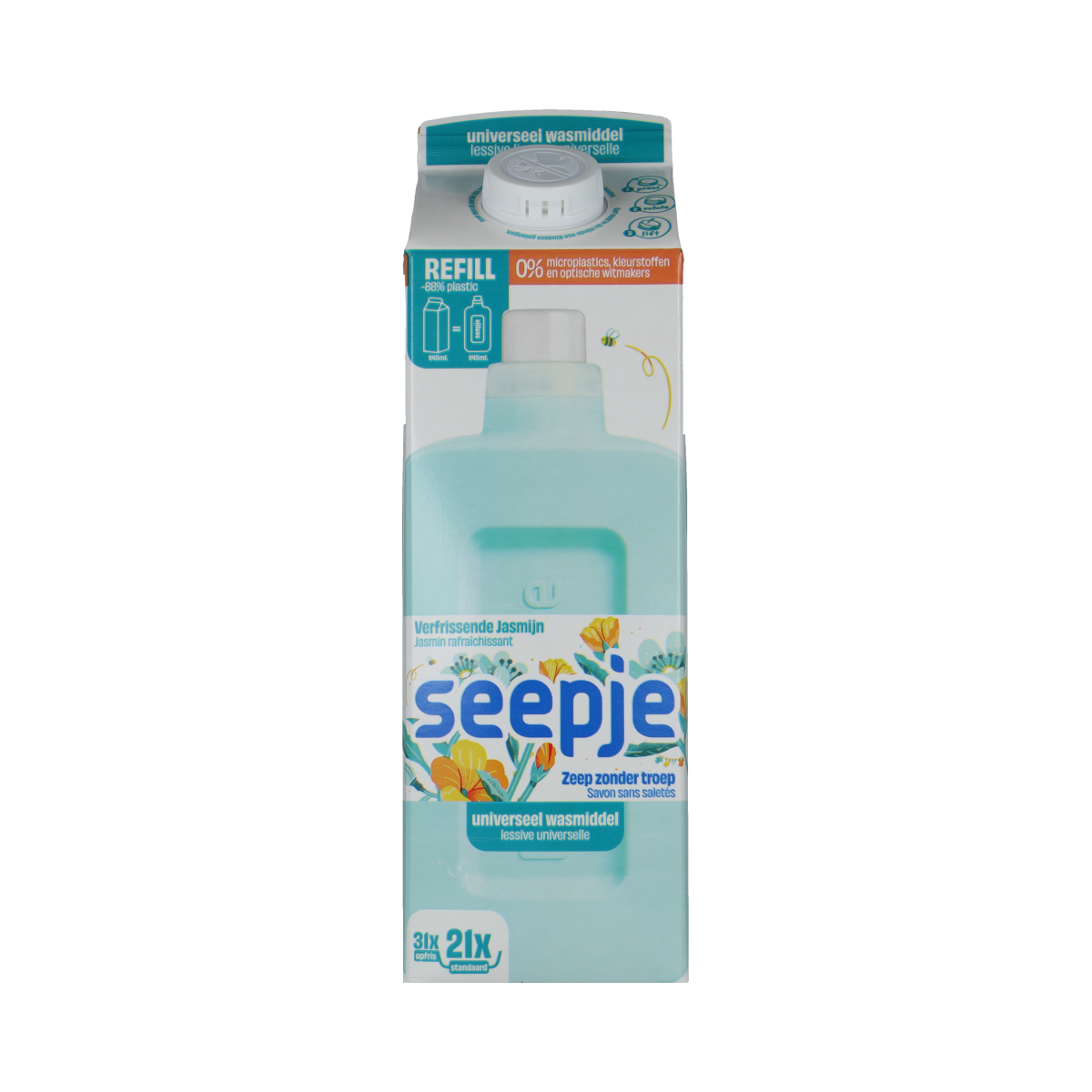 Seepje universeel laundry detergent refill pack, 945ml, in a clear plastic bag with the Seepje logo and product information.