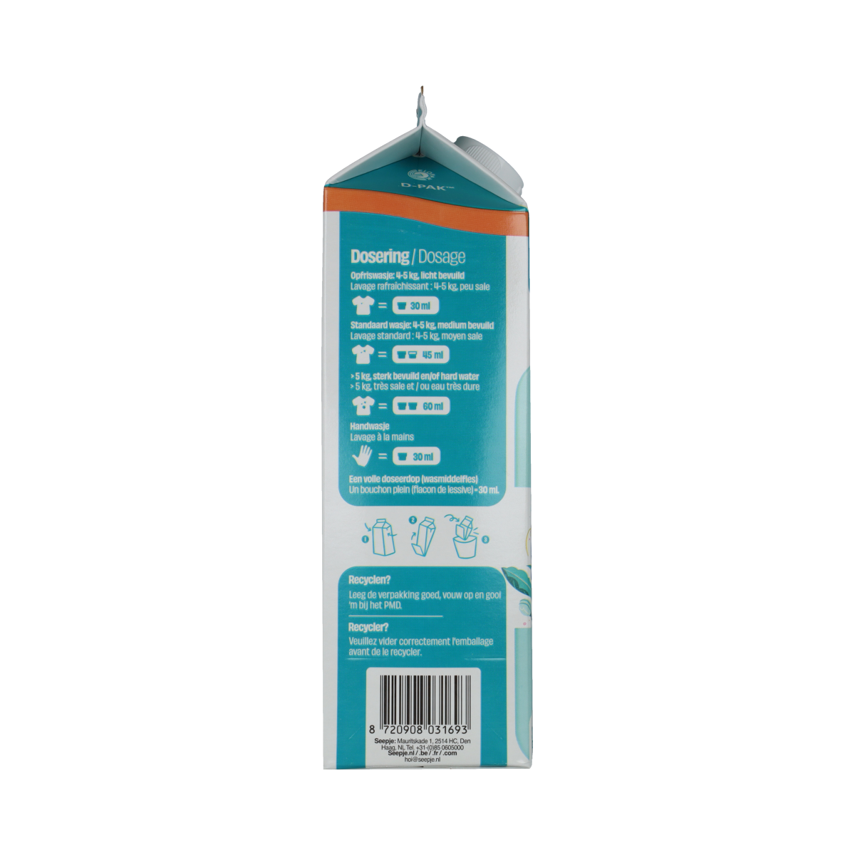 Seepje universeel refill pak van 945 ml voor wasmiddelen, met een groene en witte verpakking en het Seepje logo.