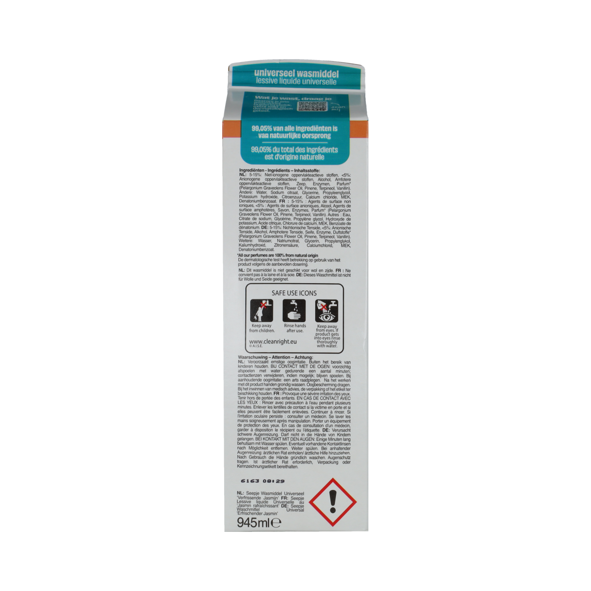 Seepje universeel wasmiddel refill pack 945ml in a clear plastic bag with a label showing the Seepje brand and product details.