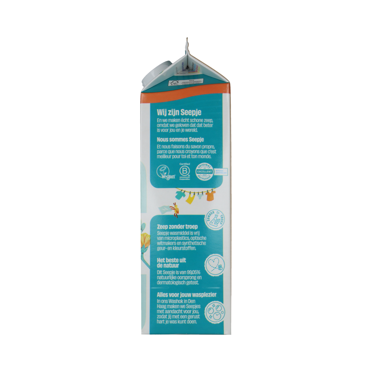 Seepje universeel refill pak 945ml, eco-friendly liquid laundry detergent in a clear refill bag with colorful branding elements.