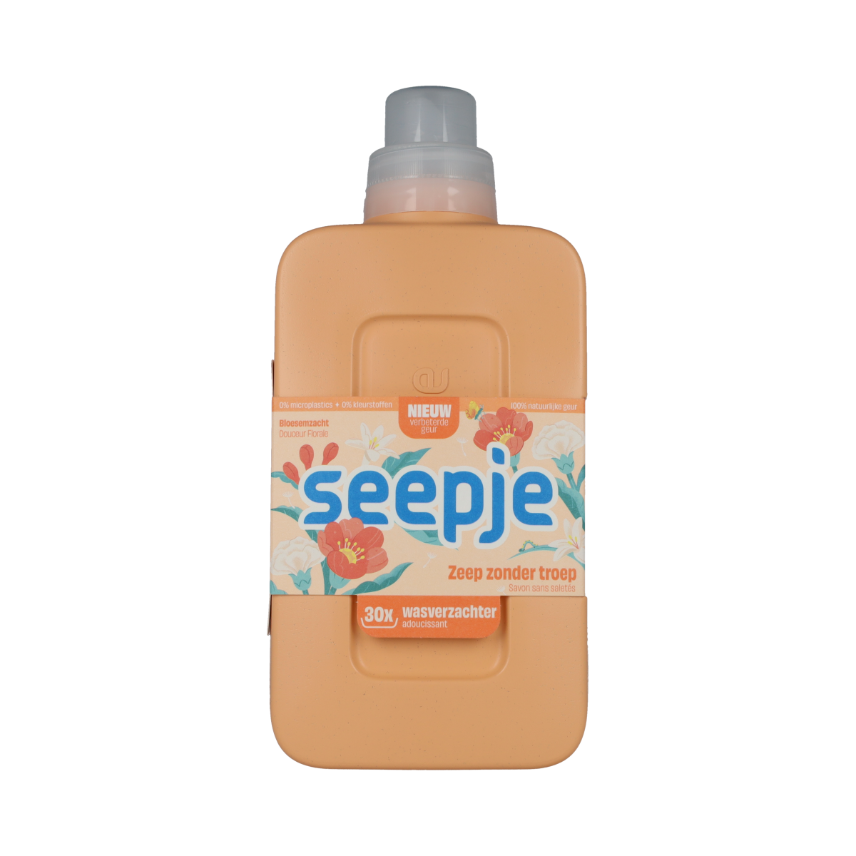 Seepje bloemenzacht fabric softener bottle, 750ml, in a white container with floral design for gentle laundry care.