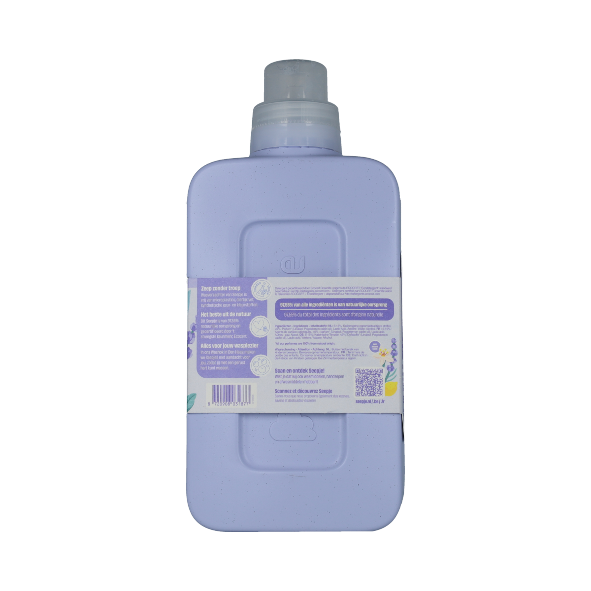 Seepje knisperfris fabric softener bottle, 750ml, in a clear plastic container with a colorful label and cap.