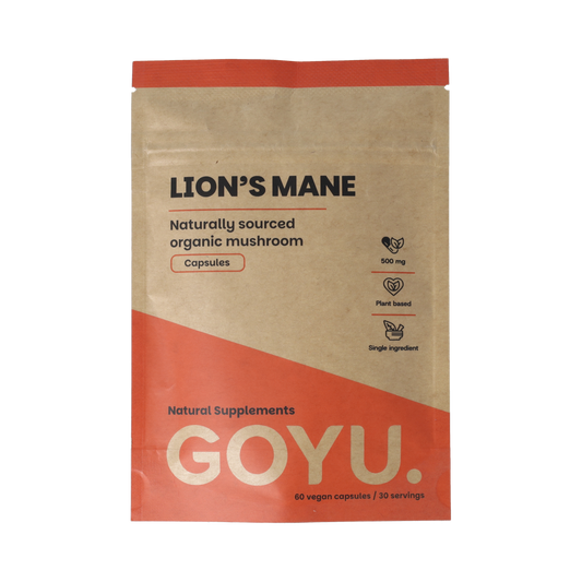 Goyu Lion's Mane Capsules 500mg vegetarian supplement, 60 capsules, dietary supplement with mushroom extract in a bottle