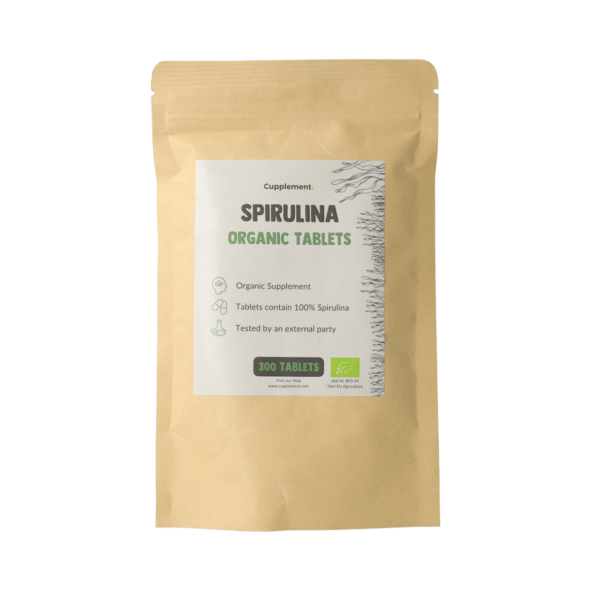 Goyu Spirulina 500mg bio herbal tablets, 300 count, natural supplement, green tablets in a bottle
