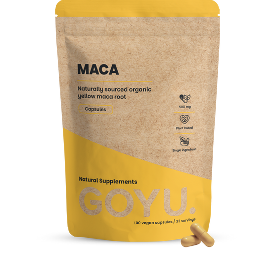 Goyu Maca 500mg bio herbal capsules, natural supplement in a bottle of 100 capsules, showcasing the product packaging.