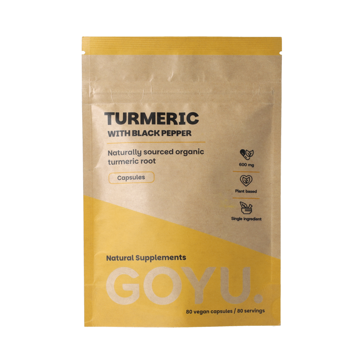 Goyu Kurkuma piperine bio supplement capsules, 80 count, in a clear container with label showing turmeric and black pepper ingredients.