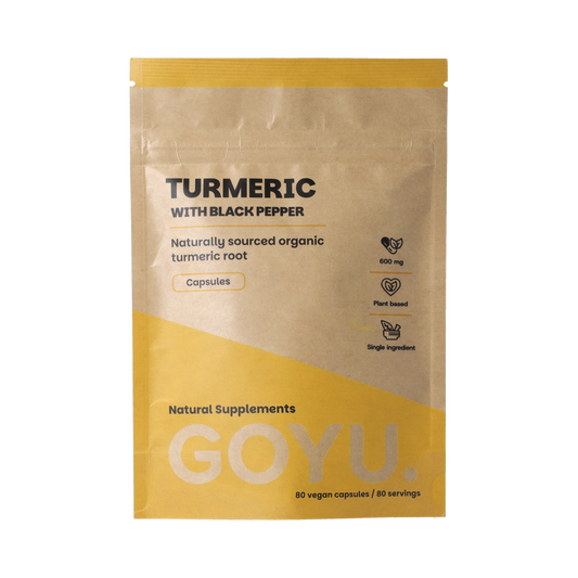Goyu Kurkuma piperine bio supplement capsules, 80 count, in a clear container with label showing turmeric and black pepper ingredients.