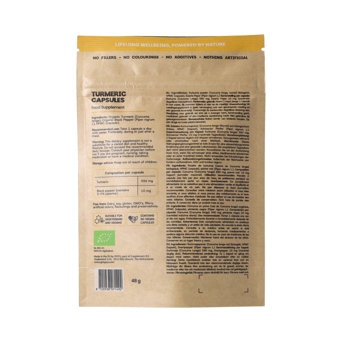 Goyu Kurkuma piperine bio supplement bottle with 80 capsules, natural herbal dietary supplement for health support.