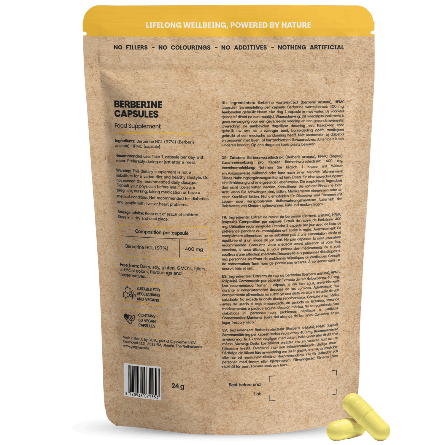 Goyu Berberine extract 400mg vegetarian capsules, dietary supplement, close-up of the supplement bottle and capsules.
