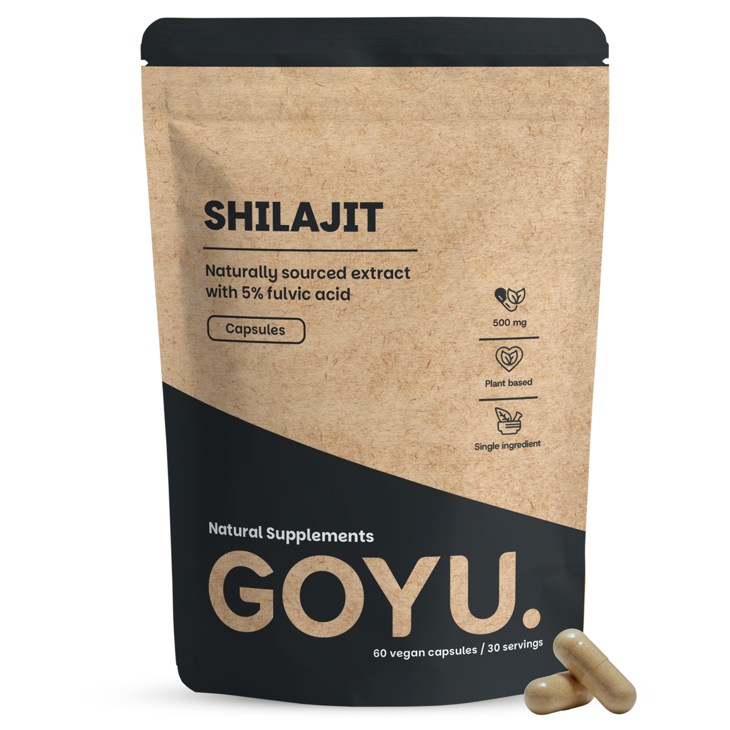 Goyu Shilajit extract 5% capsules, herbal supplement in a bottle with 60 capsules, natural Kruidenpreparaten product.