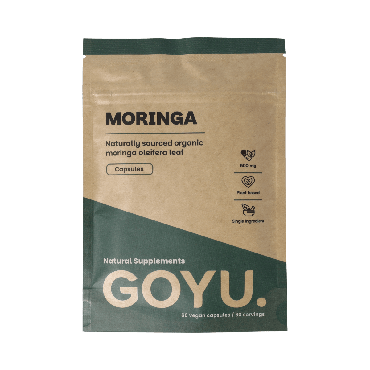 Goyu Moringa oleifera 500mg vegetarian capsules, dietary supplement in a clear bottle with label showing green Moringa leaves.