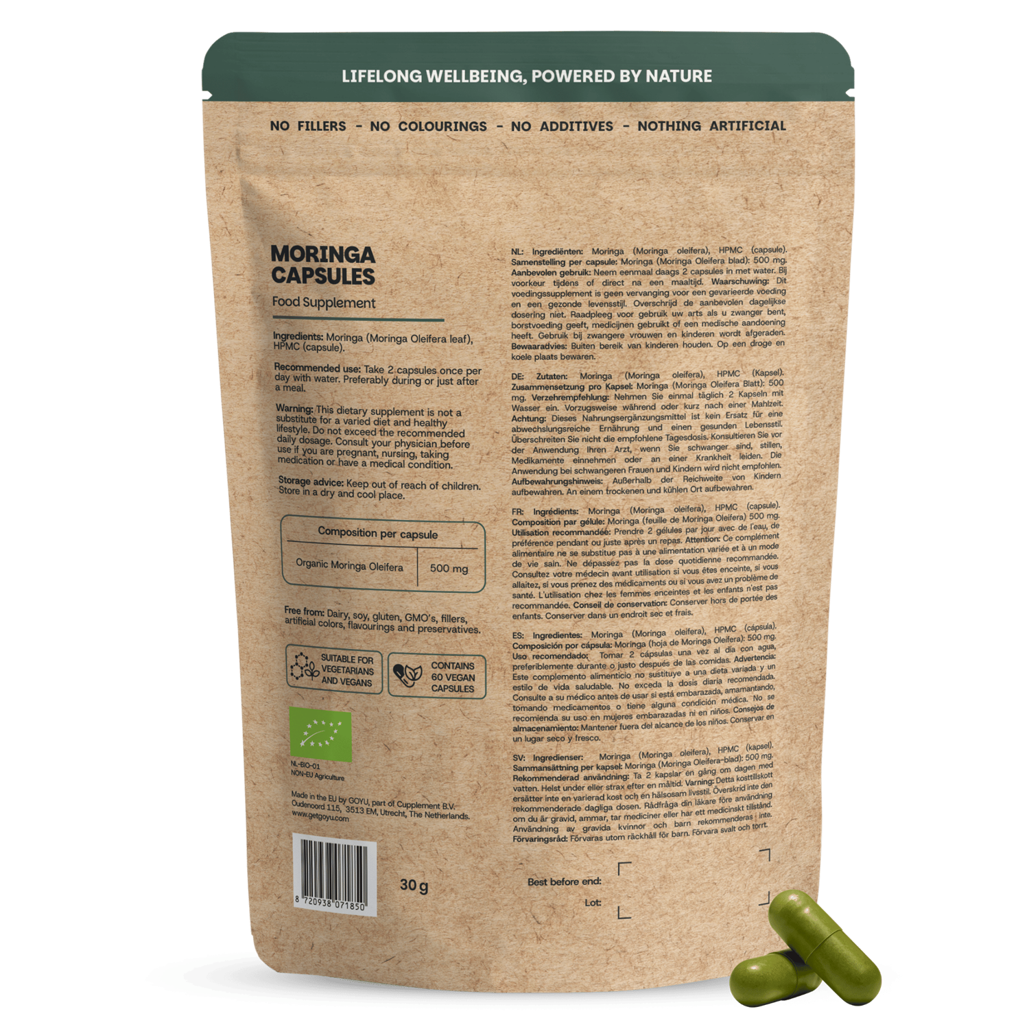 Goyu Moringa oleifera vegetarian capsules, 500mg, dietary supplement, green capsules in a clear bottle.
